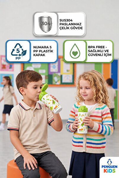 Penguen Çocuk Pipetli Çelik Suluk ve Matara 500 ml Sızdırmaz BPA Free SUS304 Okul Su Matarası