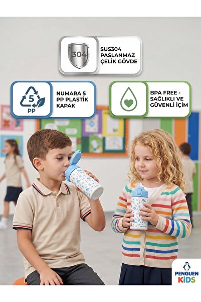 Penguen Çocuk Pipetli Çelik Suluk ve Matara 500 ml Sızdırmaz BPA Free SUS304 Okul Su Matarası