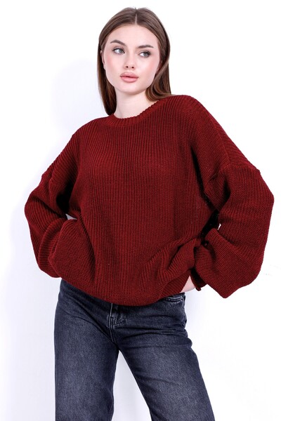 Kırlangıç Moda سترة تريكو نسائية ذات رقبة دائرية باللون الأحمر قصة فضفاضة