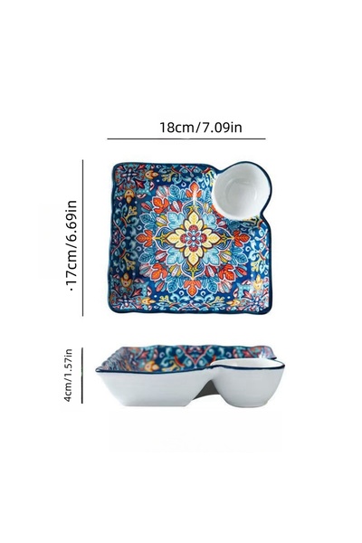 Choice 7.09 inches blue JZ plate Bohemian Dumpling Plate with Vinegar Dish, H...