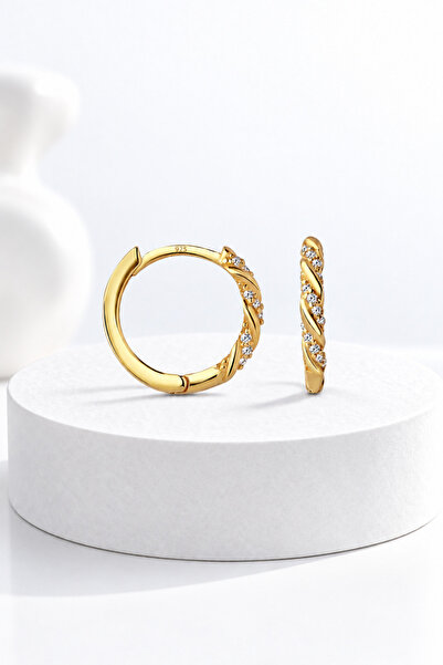 jelux silver Gümüş 925 Ayar 17 mm Shine Twist Zirkon Taşlı Halka Gold Küpe