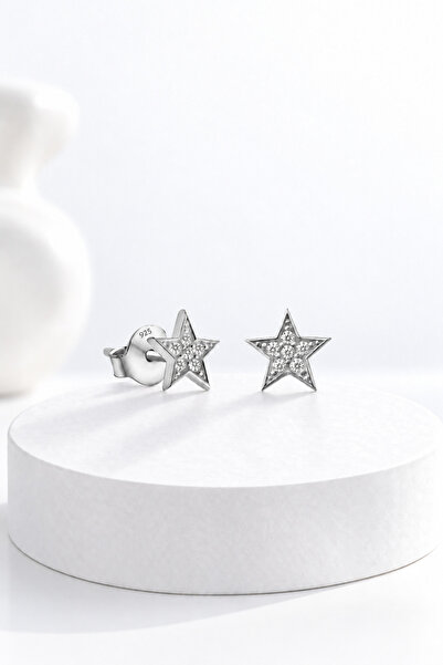 jelux silver Gümüş 925 Ayar 6 mm Yıldız Zirkon Taşlı Çivili Küpe