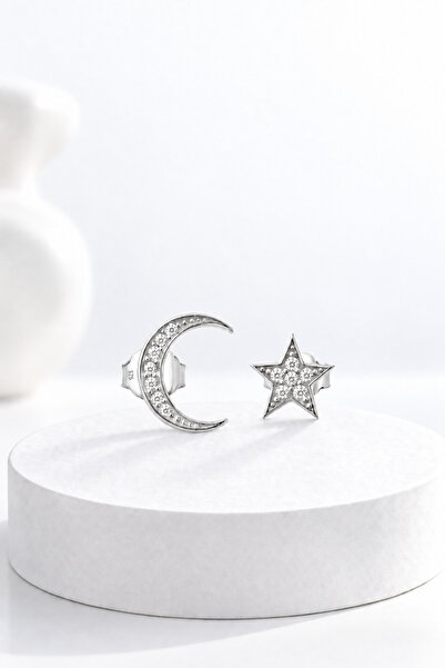 jelux silver Gümüş 925 Ayar Ay Yıldız Zirkon Taşlı Çivili Küpe