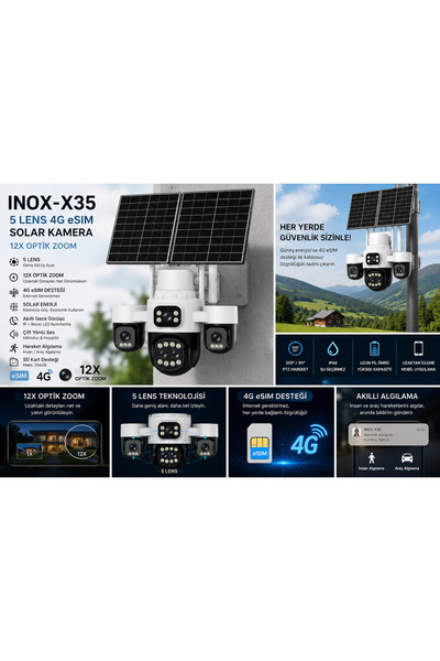 Sovdex INOX X35 5 Lens 4G Solar Güvenlik Kamerası | 12X Zoom | 6 Motor | AOV ...