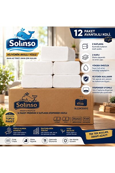 SOLINSO Premium Z Katlama Kâğıt Havlu 12 Paket Dispenser Peçete 20x21 Cm 1400 gr