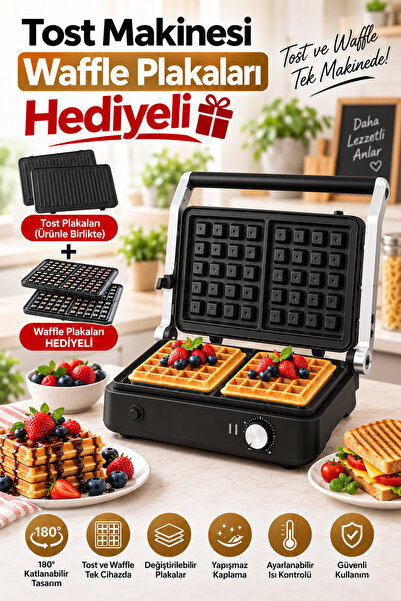 ByKurt Waffle Makinesi Tost Izgara Plakaları Hediyeli 180° Açılır