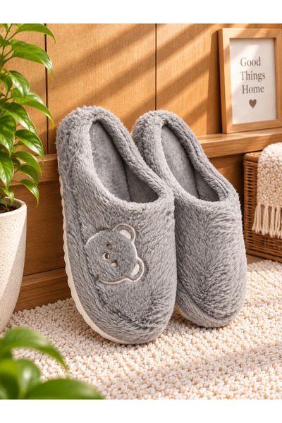 Moda Frato FLUFFY Ayıcık Desenli Kadın Ev Terliği Kışlık Yünlü Terlik Ses Yap...