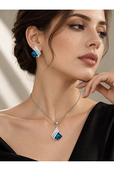 Generic Brand 2Pcs Women's Blue Crystal Wing Necklace & Earrings Set