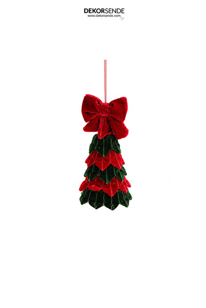 Dekorsende Christmas Bow Velvet Pine Tree Ornament Red Green 14 cm
