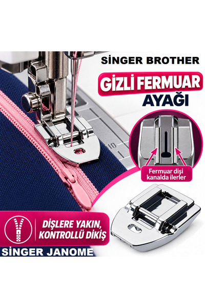Swart SİNGER ZETİNA JANOME HOMEMAX KİWİ BROTHER GİZLİ FERMUAR DİKİŞ AYAK TABANI