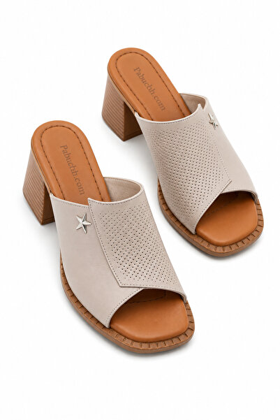 Parponi Desko Buckle Detailed Genuine Leather Heeled Slippers Silver