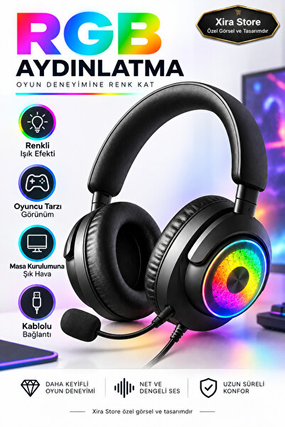 XİRA Profesyonel Gaming Oyuncu Kulaklığı Kanal Esports Oyun Mikrofonlu-RGB