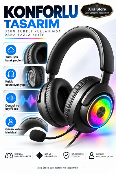 XİRA Profesyonel Gaming Oyuncu Kulaklığı Kanal Esports Oyun Mikrofonlu-RGB