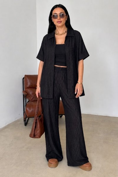 Mivoon Textured Wrinkled Fabric Textured Women's Top and Bottom Shirt Pants Set