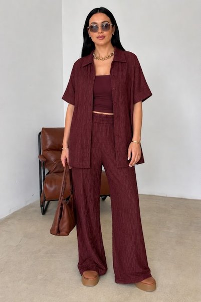 Mivoon Textured Wrinkled Fabric Textured Women's Top and Bottom Shirt Pants Set