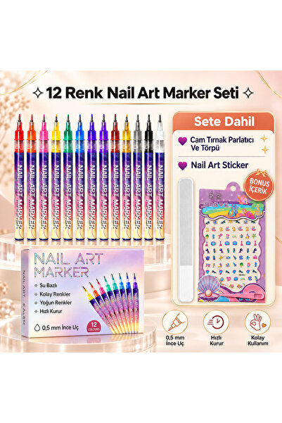 Nail Art Maker 12 Renk İnce Uçlu Nail Art Kalemi Seti, Cam Tırnak Törpüsü ve ...