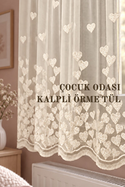 GLOMAR Silvery Heart Patterned Cream Tulle Curtain for Girls' Room, Ready to ...