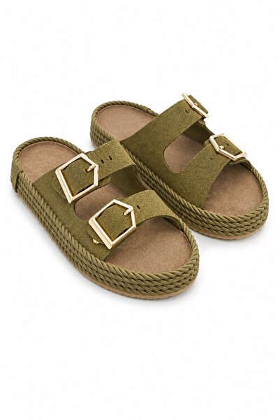 Parponi Denver Women's Belt Buckle Rope Detailed Suede Slippers Green