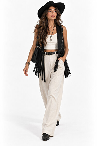 LOKADI Kadın Siyah Süet Görünümlü Zımba Detaylı Püsküllü Yelek - Boho Stil Fe...