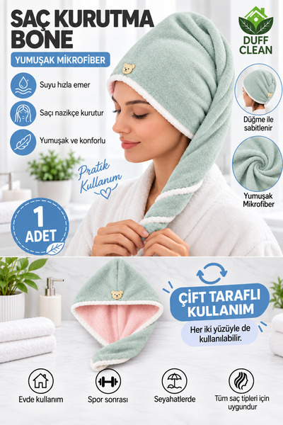 DUFF CLEAN çift taraflı çift renk Saç Kurutma Havlusu Saç Bonesi  Mikrofiber