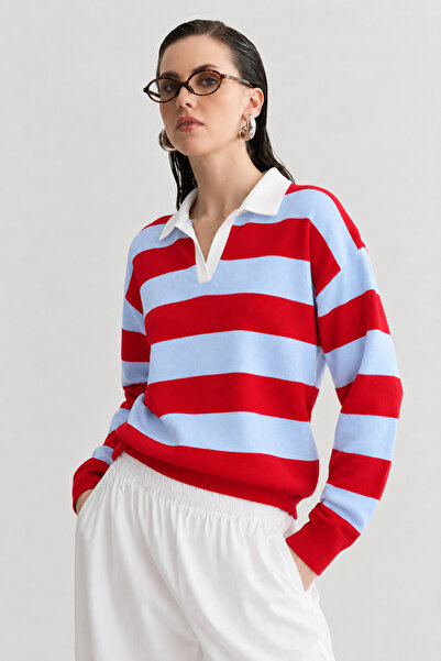 Madmext Red Striped Polo Collar Women's Sweater Mg2882