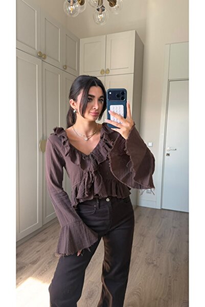 Bade Butik Kahve Fırfırlı Önü Bağlamalı Müslin Gömlek