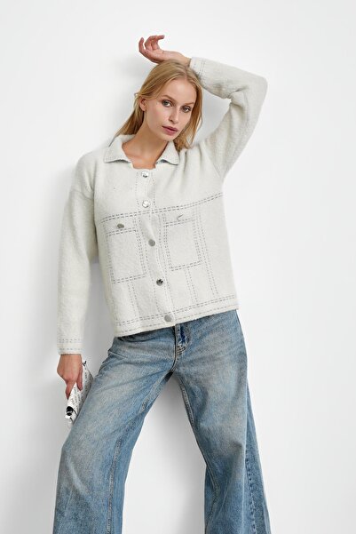 İmajButik Ecru Angora Soft Knit Cardigan