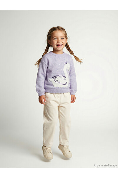 LC Waikiki Lcw Kids Lilac Swan Patterned Girls' Knitwear Sweater with Nevavm ...
