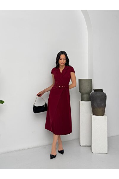 MODA DURAĞI Double breasted collar pleated belted midi dress burgundy