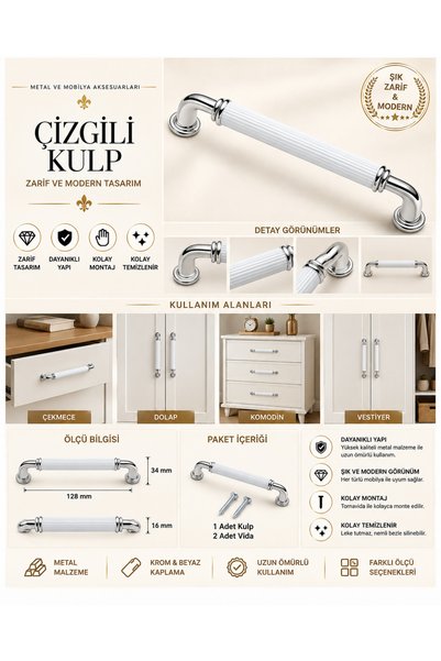 EMSALtasarım Yakut Kombin Lüks Modern Dolap Çekmece Kulpları 160 Mm Krom - Be...
