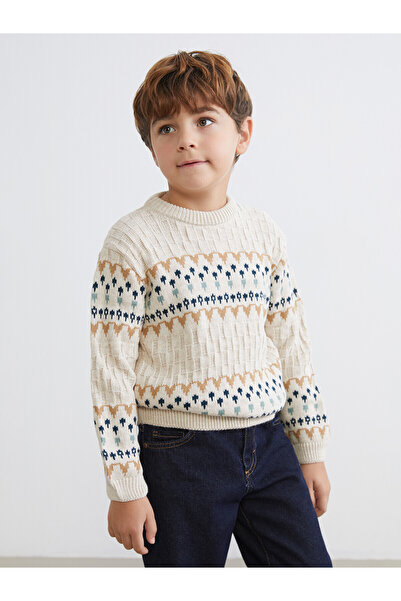 LC Waikiki Lcw Kids Beige Oval Collar Patterned Boy's Knitwear Sweater with N...