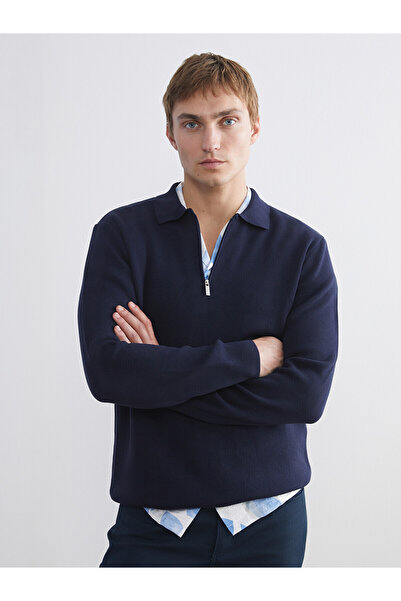 LC Waikiki Nevavm Farkıyla Lcw Vision Navy Blue Knitwear Plain Polo Collar Me...