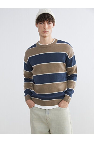 LC Waikiki Nevavm Xside Beige Knitwear Striped Oval Collar Men's Sweater with...