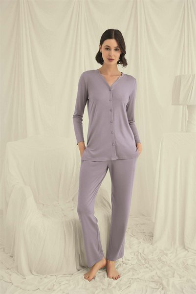 Aria's Closet Arias Closet Long Sleeve Button down V-Neck Pajama Set