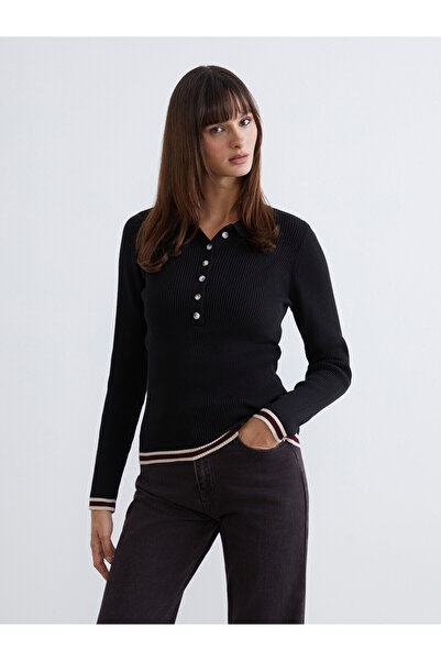 LC Waikiki Nevavm Farkıyla Soulife Black Polo Collar Women's Knitwear Sweater