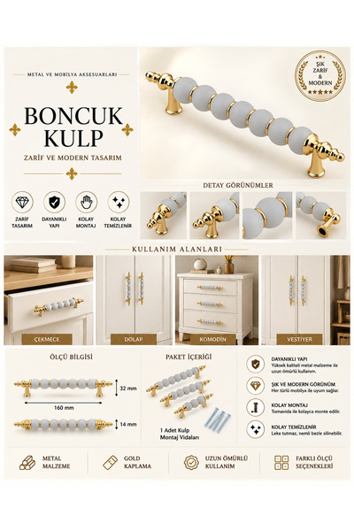 EMSALtasarım Polimer Modern Lüks Mobilya Dolap Çekmece Kulpları 64 Mm Altın