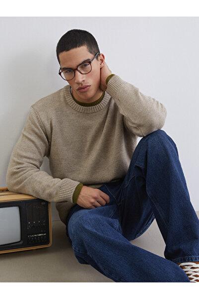 LC Waikiki Nevavm Xside Beige Knitwear Plain Oval Collar Men's Sweater with a...