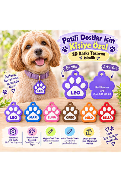 Kişiye Özel Pati İsimlik – 3D Baskı Renkli Patili Künye