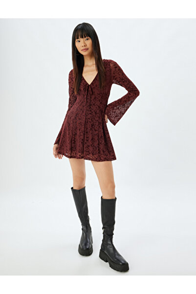 Koton Mini Jumpsuit with Shorts, Tulle, V-Neck, Long Sleeves, Lace