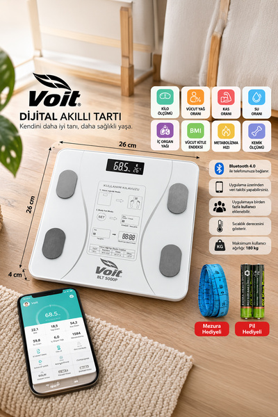 Voit Akıllı Bluetooth Dijital Baskül Yağ Su Kas Vücut Kitle Endeksi Kilo Ölçe...