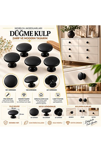 HİLAL AKS Siyah Dolap Tek Vidalı 35 mm çapında Kulp Mat Siyah Çekmece Vestiye...