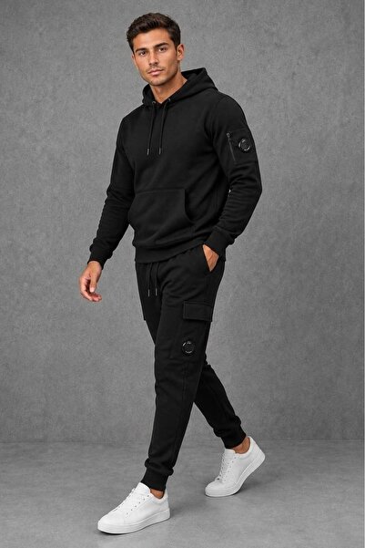 Generic Brand Men's Lens Detailed Hooded Cargo Pocket Tracksuit Set