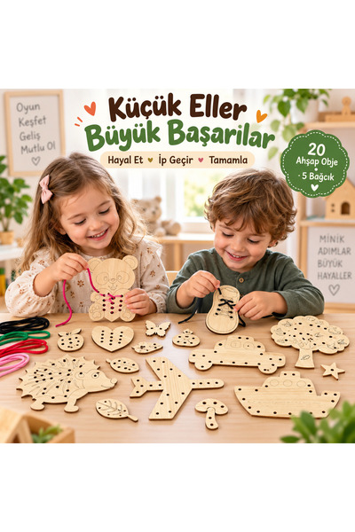 Trendy Toys Educational Wooden Rope Threading Knitting Set 25 Pieces Montessori Hand Muscle Development