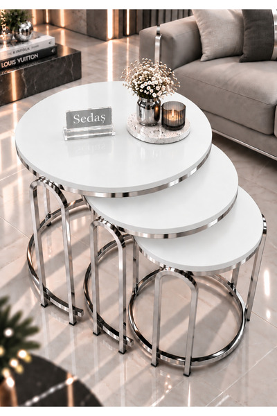 SEDAŞ LIVING UNITS 3' LÜ BEYAZ AHŞAP NİKEL (GÜMÜŞ) AYAK LENKA METAL SEHPA