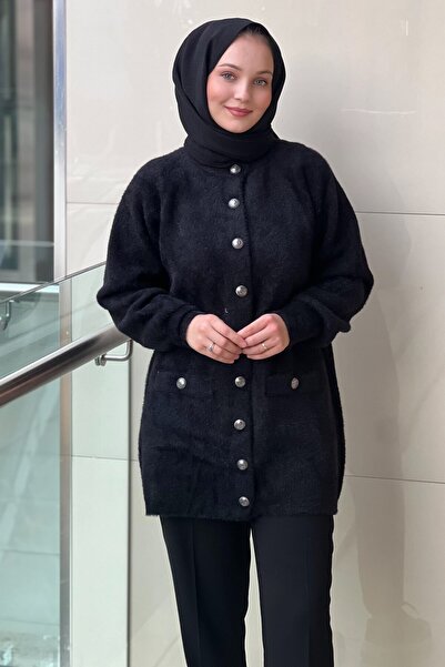 Nuss Önden Çıtçıtlı Cep Detaylı Angora Hırka