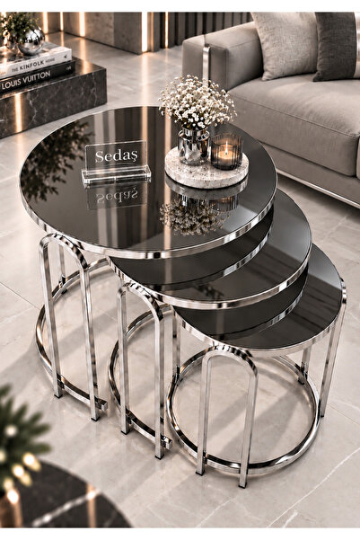 SEDAŞ LIVING UNITS Zigon Sehpa Füme Ayna Lenka Yuvarlak 3'lü Gümüş Metal seda...