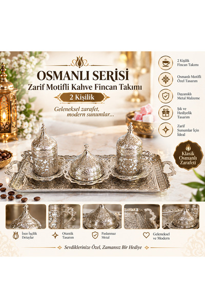 Genel Markalar Osmanlı Motifli 2'li Türk Kahve Takımı Gümüş Renk