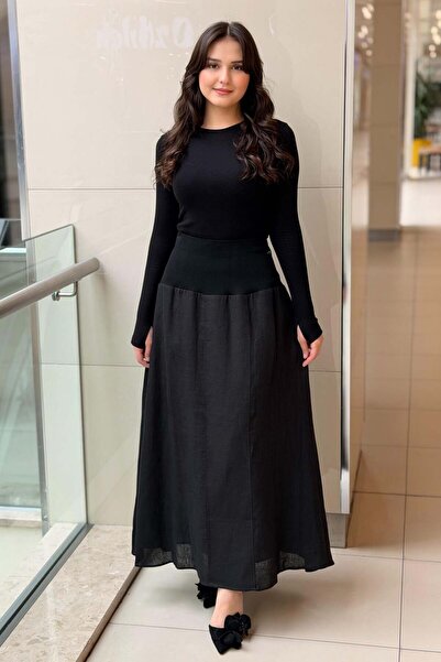 MISS DALIDA Missdalida Triko Korsajlı Düz Renk Keten Etek