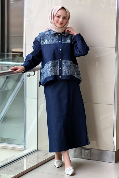 Ghisa Sequin Detailed Jacket Skirt Jeans Set