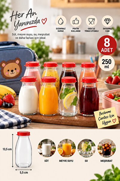 Rotanev 8 Adet 250 ML Şeffaf Sürahi Süt, Ayran, Su, Limonata, Meşrubat Şişesi...